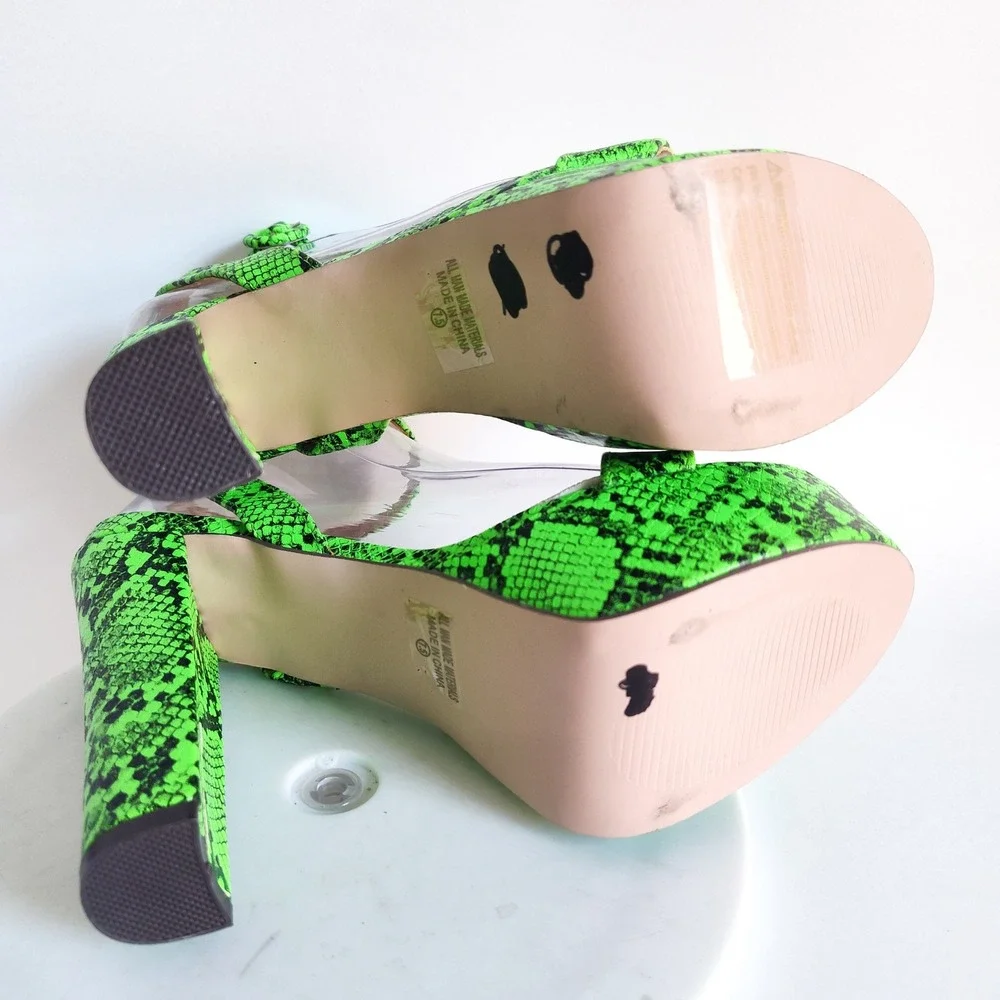 Chase‎ + Chloe Platform Sandals 7.5 Neon Green Snakeskin Ankle Strap Block Heel